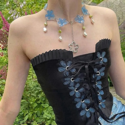 Black Floral Bustier Tube Top
