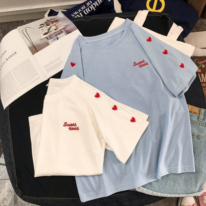Cute Sweet Heart Embroidery Shirt T-shirt Tee Top Kawaii Korean Japanese Harajuku Chinese Retro Streetwear Aesthetic Fashion