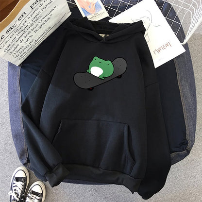 Skateboard Frog Cartoon Casual Loose Oversized Hoodie Sweater Sweatshirt Long Sleeve Pullover E-Girl Kawaii Korean Japanese Harajuku Streetwear
