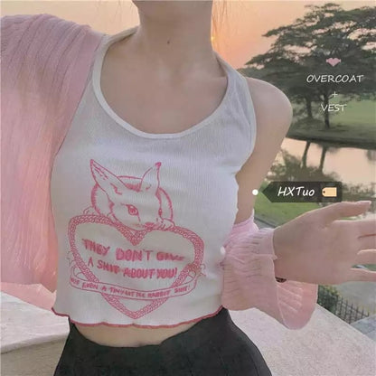 Bunny Rabbit Embroidery Print Wrap Halter Crop Top