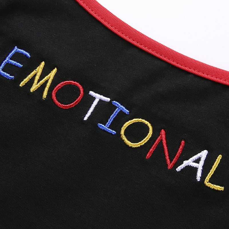 Cute Black Emotional Embroidery Crop Top Camisole Spaghetti Tank Shirt Tee T-shirt E-Girl Kawaii Korean Japanese Harajuku Retro Streetwear Aesthetic