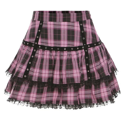 Pink Plaid Pleated Lace Mini Skirt