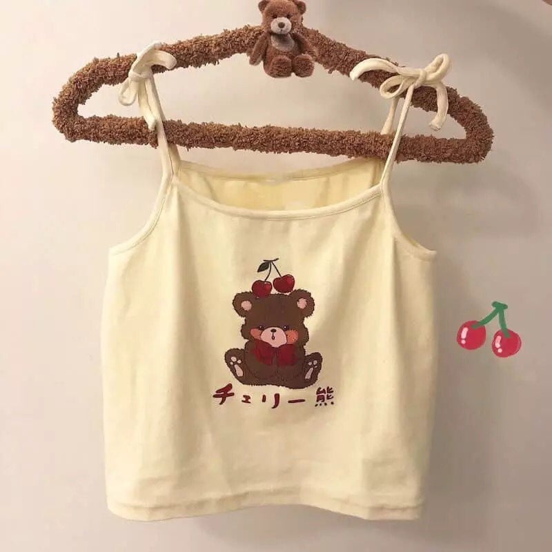 Cute Brown Bear Cherry Graphic Cartoon Print Camisole Spaghetti Strap Shirt Aesthetic Casual Summer E-Girl Kawaii Korean Japanese Harajuku