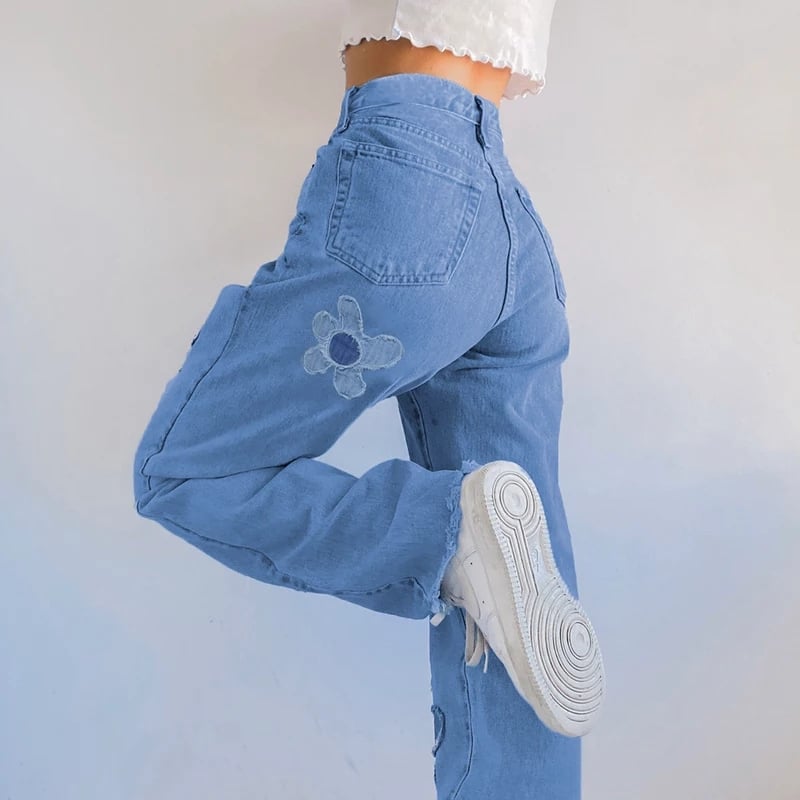 Cute Vintage Floral Patchwork Blue Denim High Waisted Jeans Pants Trouser Aesthetic Casual Summer E-Girl Kawaii Korean Japanese Harajuku