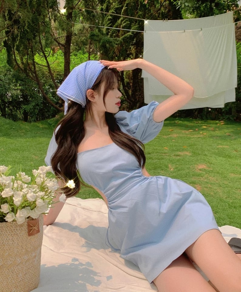 Cute Blue French Square Neck Puff Sleeve Backless Bandage Mini Dress Summer Aesthetic Casual E-Girl Kawaii Korean Japanese Harajuku