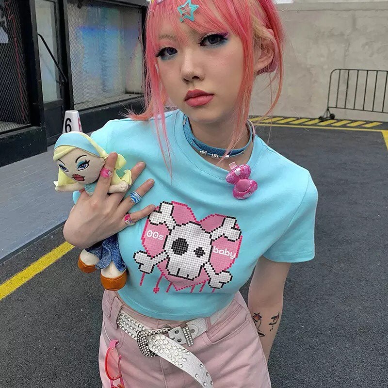 Cute Pink Love Heart Skull Print Short Sleeve T-shirt Crop Top Summer Casual Goth Punk E-Girl Kawaii Korean Japanese Harajuku Streetwear