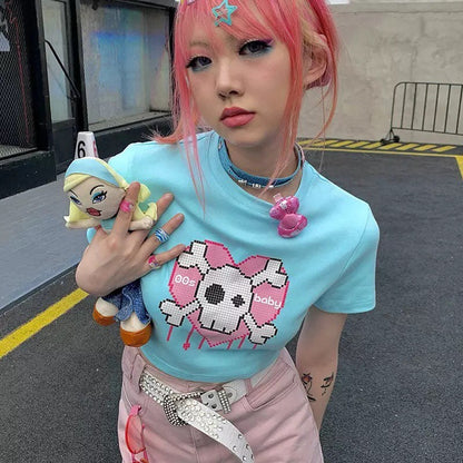 Cute Pink Love Heart Skull Print Short Sleeve T-shirt Crop Top Summer Casual Goth Punk E-Girl Kawaii Korean Japanese Harajuku Streetwear