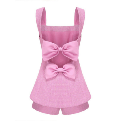 2PCs Pink Tweed Square Collar Top + Shorts Set