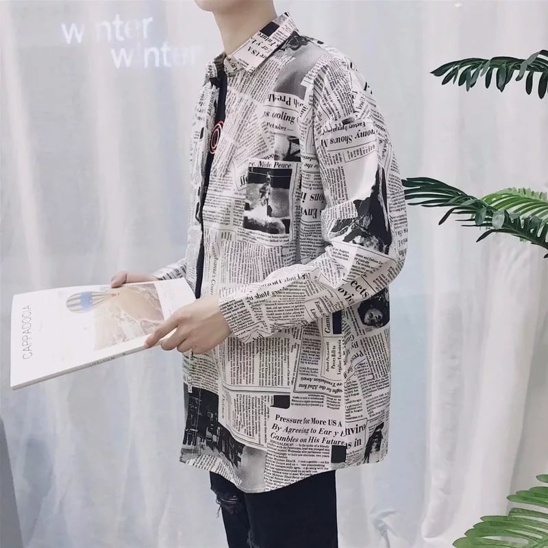 Cute Vintage Newspaper Letter Print Button Up Long Sleeve Shirt Blouse Top Aesthetic Casual E-Girl Kawaii Korean Japanese Harajuku