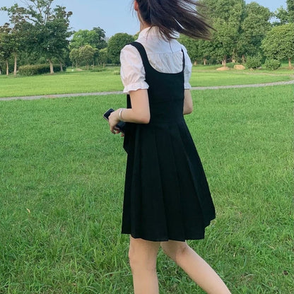 Cute Preppy Puff Sleeve Shirt Pleated Dress Set Student Aesthetic Casual E-Girl Kawaii Korean Japanese Harajuku