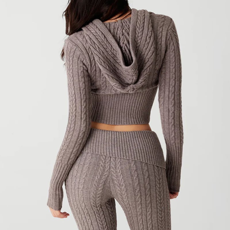 2PCS Twist Knit Hooded Zipper Sweater + Shorts