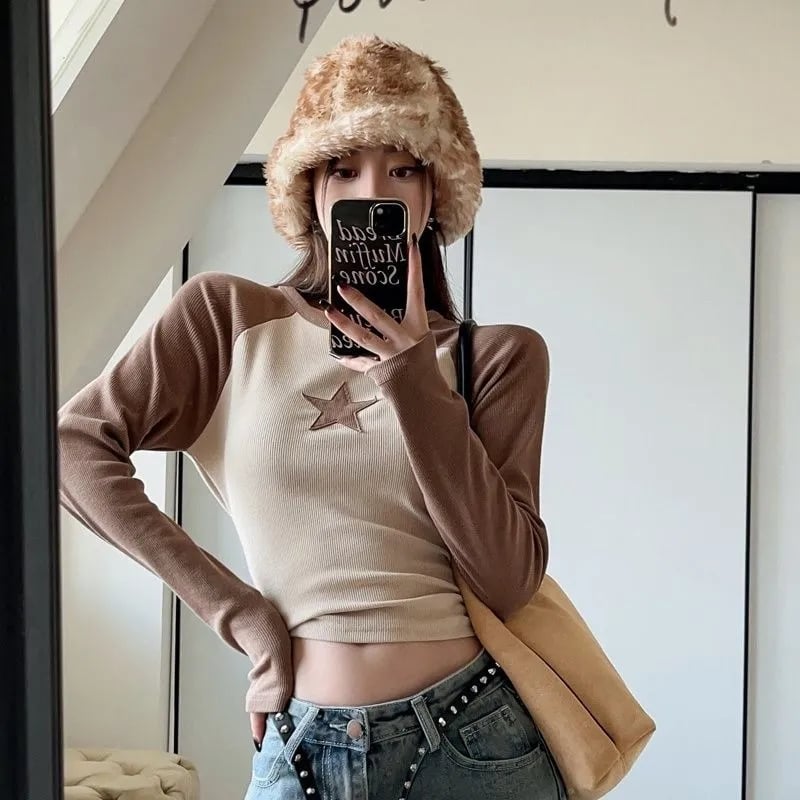 Brown Star Patchwork Long Sleeve T-shirt