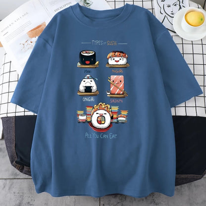 Cute Sushi Food Graphic Cartoon Print Loose Short Sleeve T-shirt Aesthetic Casual Summer E-Girl Kawaii Korean Japanese Harajuku