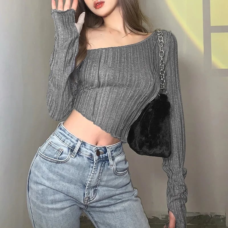 Black Irregular Cropped Long Sleeve Shirt