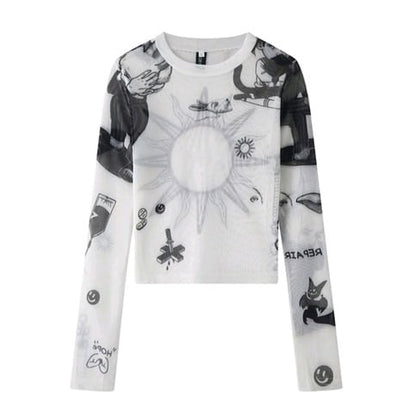 White Sun Mesh Transparent Long Sleeve Shirt
