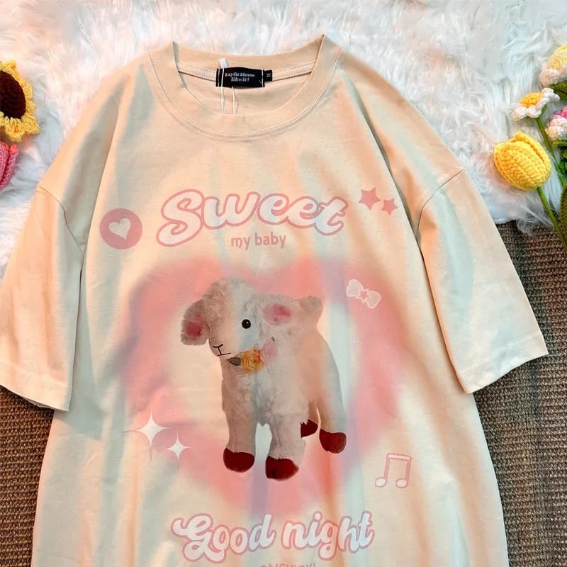 Sweet Lamb Print Short Sleeve T-shirt