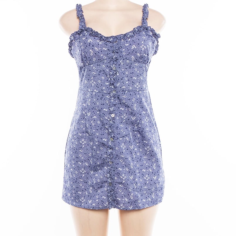 Cute Summer Fit Flare Sexy Flower Print Button Dress Kawaii Korean Japanese Harajuku Chinese Retro Streetwear Aesthetic Fashion
