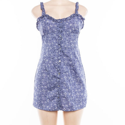 Cute Summer Fit Flare Sexy Flower Print Button Dress Kawaii Korean Japanese Harajuku Chinese Retro Streetwear Aesthetic Fashion