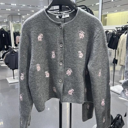 Grey Rabbit Embroidery Knit Cardigan
