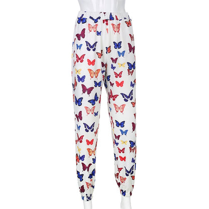 Cute Butterfly Rainbow Print Loose Baggy High Waisted Trousers Joggers Pants Sweats Bottom E-Girl Kawaii Korean Japanese Harajuku Retro Streetwear
