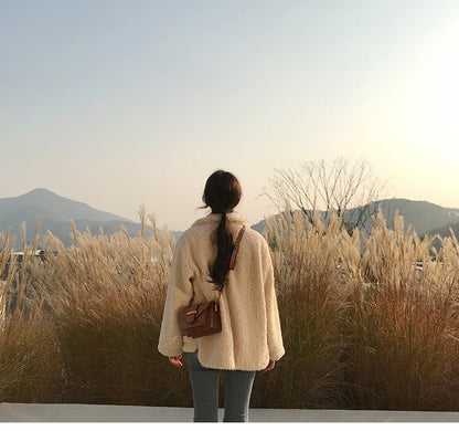 Cute Teddy Fur Coat Thick Autumn Loose Button Plush Jacket E-Girl Kawaii Korean Japanese Harajuku Retro Streetwear Fashion
