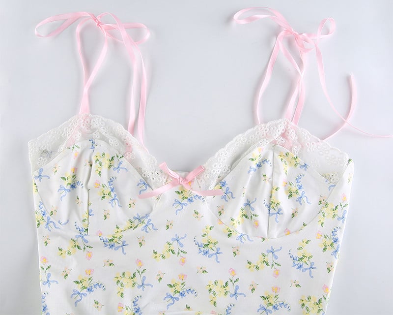 Lace Frill Floral Print Crop Top Summer Sleeveless Camisole Causal E-Girl Kawaii Korean Japanese Harajuku Streetwear