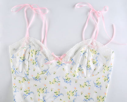 Lace Frill Floral Print Crop Top Summer Sleeveless Camisole Causal E-Girl Kawaii Korean Japanese Harajuku Streetwear