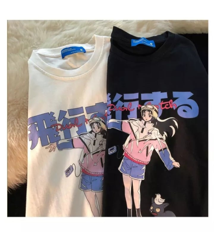 Cute White Graffiti Anime Girl Cat Cartoon Print Oversized Short Sleeve Shirt Punk Aesthetic Casual E-Girl Kawaii Korean Japanese Harajuku