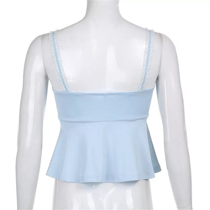 Blue Square Neck Elegant Ruffle Hem Camisole