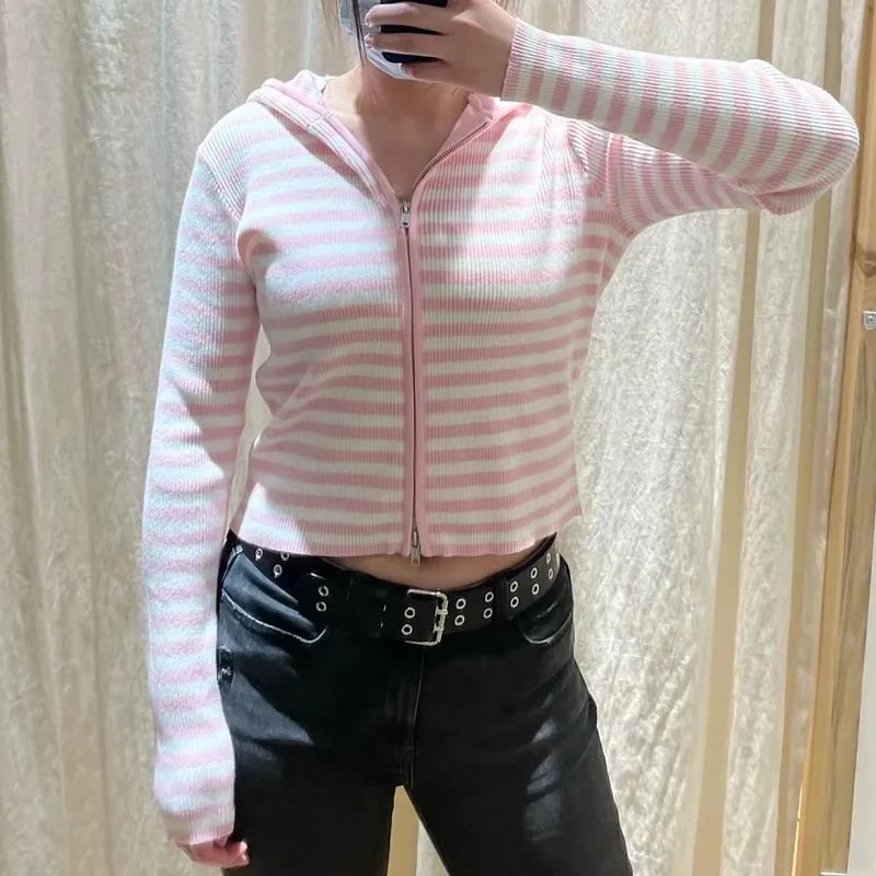 Pink Stripe Thin Zipper Jacket