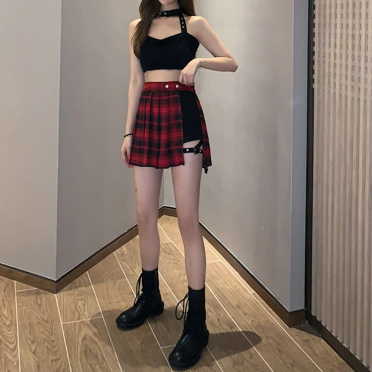 Red & Black Plaid Pleated Side Button Mini Skirt