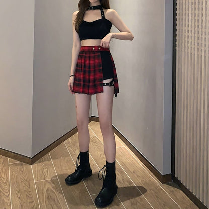 Red & Black Plaid Pleated Side Button Mini Skirt