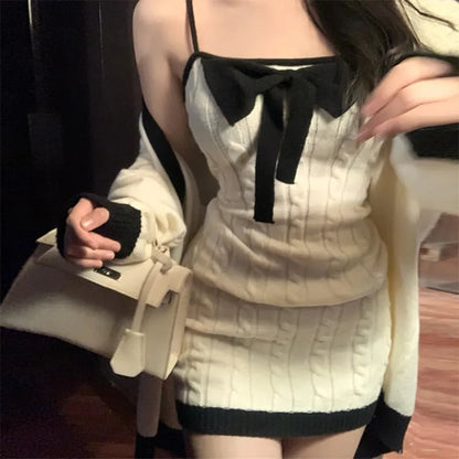 2 Piece White Knit Bow Dress + Sweater