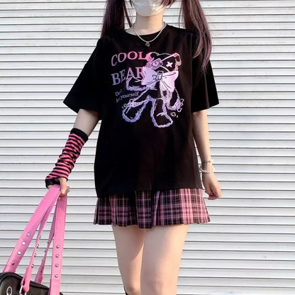 Black Bear Bow Cartoon Print Short Sleeve Tee Shirt T-shirt Top Goth Punk Causal Summer E-Girl Kawaii Korean Japanese Harajuku Streetwear
