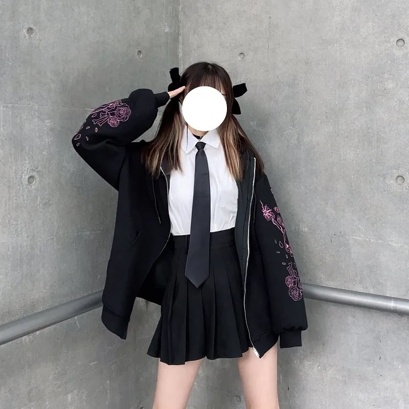 Black Skull Sword Print Zip Up Hoodie