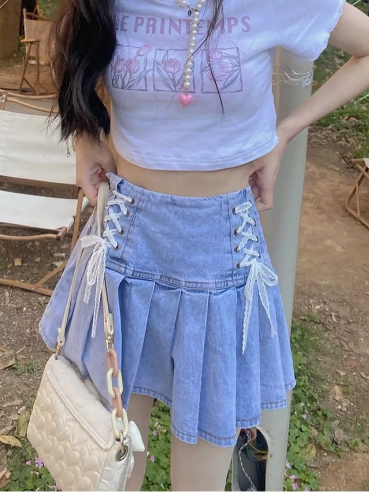 Lace Bandage High Waist Denim Skirt