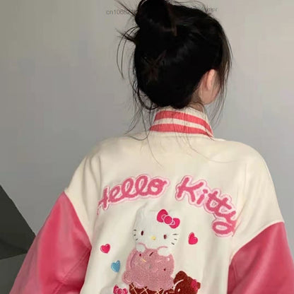 Pink Japanese Anime Cat Embroidery Patchwork Varsity Baseball Jacket