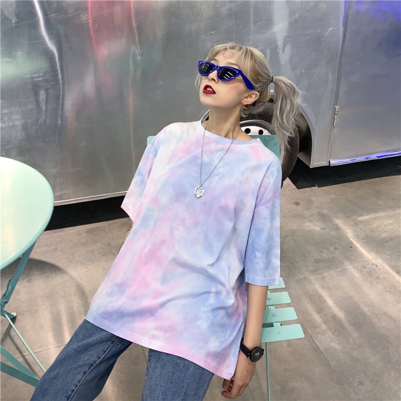 Cute Tie Dyed Hip Hop Casual Punk Goth Loose Oversized Short Sleeve Shirt Tee T-shirt E-Girl Kawaii Korean Japanese Harajuku Chinese Retro Streetwear