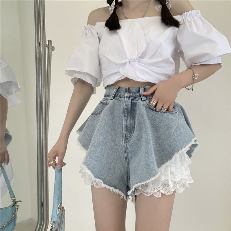 2pcs Blue Denim Lace High Waist Shorts
