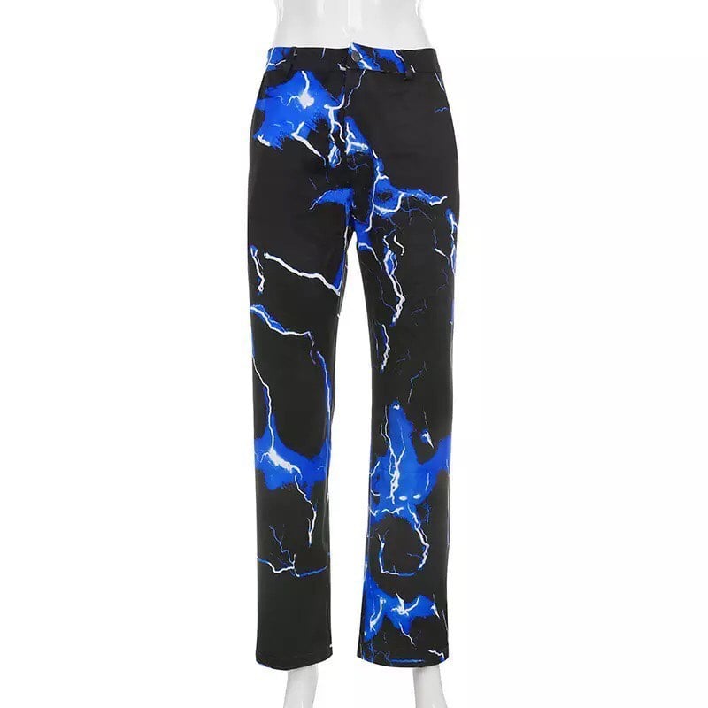 Cute Retro Vintage 90s Funky Lightning High Waisted Cargo Trousers Pants Colorful Print Aesthetic E-Girl Kawaii Korean Japanese Harajuku Streetwear