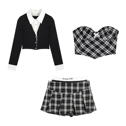 3PCS Plaid Patchwork Camisole + Pleated Skirt + Long Sleeve Shirt