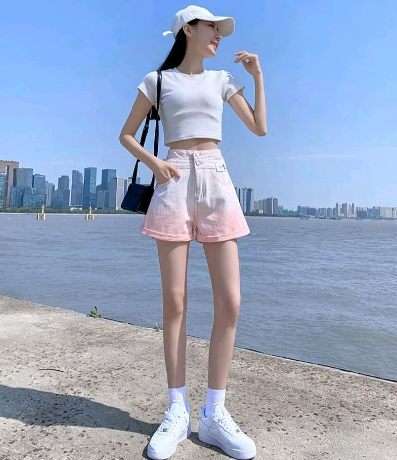 Pink Ombre High Waist Button Shorts