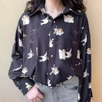 Vintage Angel Love Print Elegant Long Sleeve Shirt Blouse Top Lantern Sleeve Punk Grunge E-Girl Kawaii Korean Japanese Harajuku Streetwear