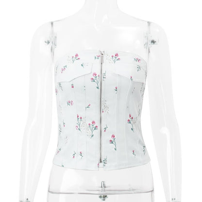White Floral Zipper Tube Top
