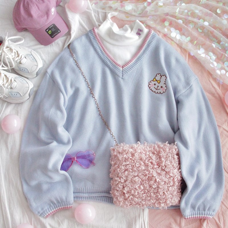 Cute Bunny Rabbit Embroidery Preppy Knit V Neck Vest Sweater Sweatshirt Loose Jumper Pullover Casual E-Girl Kawaii Korean Japanese Harajuku Streetwear