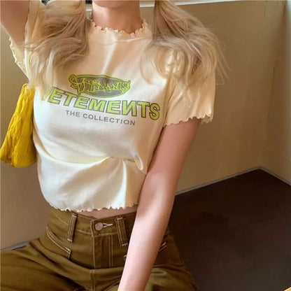Cute Vintage Ruffle Off White Letter Print Short Sleeve Shirt Aesthetic Casual Summer E-Girl Kawaii Korean Japanese Harajuku