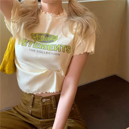 Cute Vintage Ruffle Off White Letter Print Short Sleeve Shirt Aesthetic Casual Summer E-Girl Kawaii Korean Japanese Harajuku