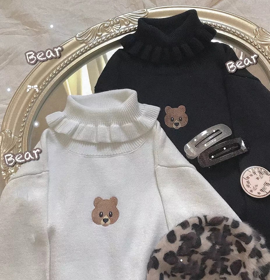 Cute Bear Embroidery Turtleneck Vintage Sweater High Neck Ruffle Pullover Long Sleeve Knit E-Girl Kawaii Korean Japanese Harajuku Streetwear
