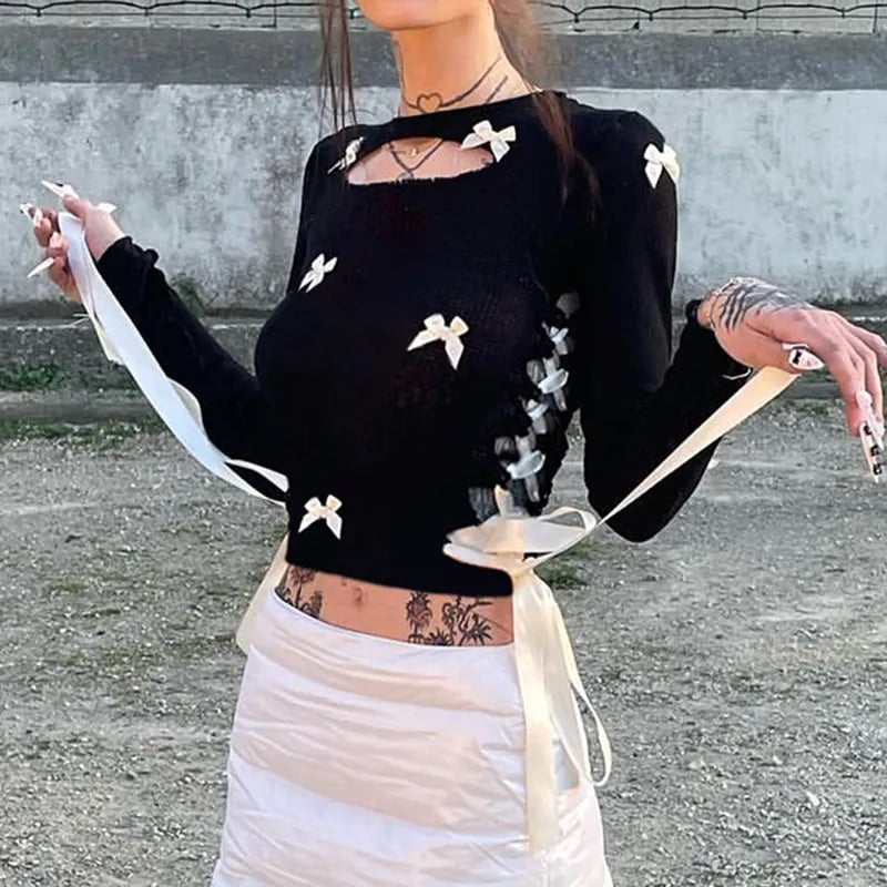 Black Bow Ribbon Hollow Out Knit Long Sleeve Shirt