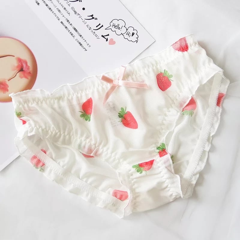 Cute Strawberry Print Ruffles Lace Brief Underwear Panties Lingerie Aesthetic Casual Summer E-Girl Kawaii Korean Japanese Harajuku